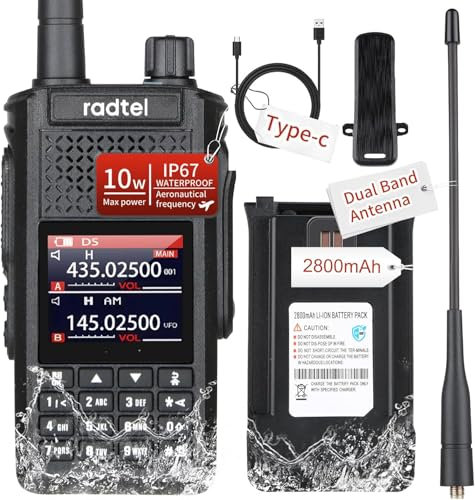 Radtel Radio jamón RT-630 IP67 impermeable de 10 W, banda de aire de aviación de 256 canales, walkie talkie de mano de largo alcance, frecuencia de copia inalámbrica, cargador USB-C, batería de 2800