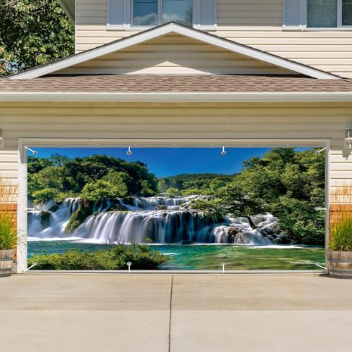 CSFOTO 2,1 x 4,8 m Wasserfall-Thema, Garagentor, dekoratives Banner, Frühling, Naturlandschaft, Wald, See, Garage, Dekoration, Wandbild, grüner Bergwald, Innendekoration, Tapete
