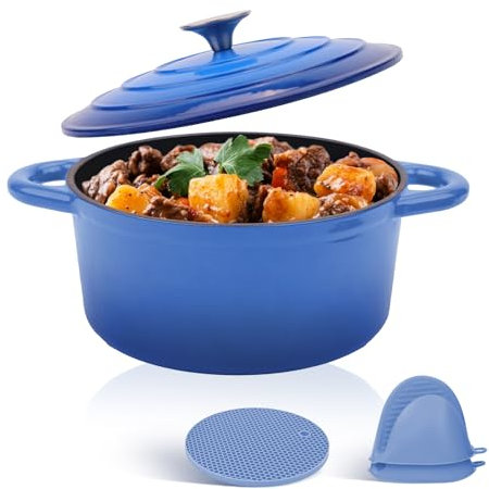 CookNexa Horno holandés de hierro fundido esmaltado de 6 cuartos con tapa y accesorios de silicona, olla holandesa redonda con tapa y asas dobles, apto para horno hasta 260.0 °C o en estufa,