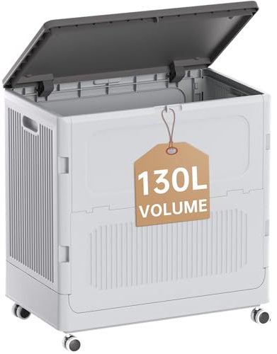 HAIXIN HOME Großer rollender Wäschekorb mit Deckel, 130 l Kunststoff-Kleiderkörbe für Wäsche, grauer zusammenklappbarer Wäschekörbe mit Rollen und Deckel, installierungsfrei und einfach zur Waschküche