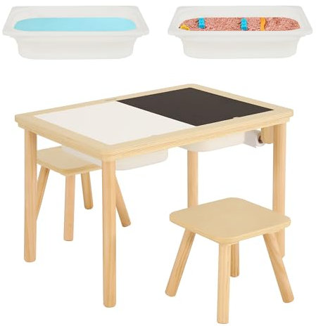 Bateso Sensory Table for Toddlers with 2 Chairs & Roll Paper, Wooden Kid Table Chair Set with Double-Sided Boards and 2 Storage Bins, Activity for Sand and Water Play, Indoor & Outdoor Use