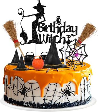 Liobelon 13 Stück Geburtstag Hexe Kuchen Topper Gothic Thema Geburtstag Party Dekoration Gruselige Spinnennetz Hexe Eimer Besen Spinnen Kuchen Dekorationen für Mädchen Frauen