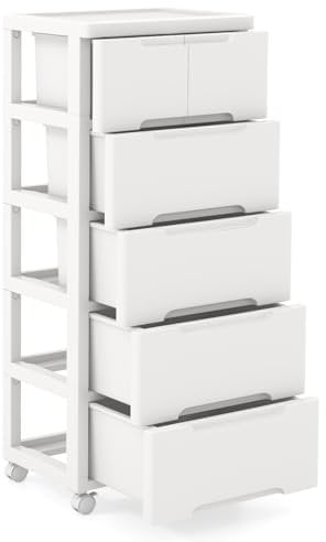 CASART Chest of Drawers, 4/5/6 Tiers Mobile Storage Dresser Cabinet Tower Unit with Wheels, Plastic Storage Chest Utility Storage Drawers for Bedroom Living Room Kitchen Bathroom (5-Tier)