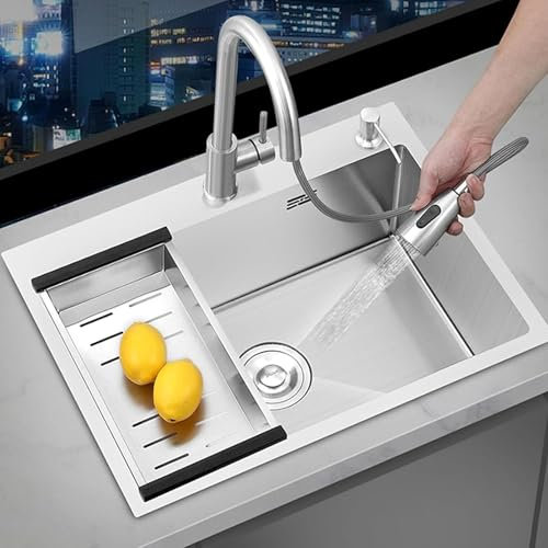 Spülbecken Edelstahl Küche Einzelbecken Spüle, Einbauspüle mit Wasserhahn Schwenkbar und Ausfahrbar, Handgefertigtes Spülbecken mit Abflusskorb und Seifenspender 80x50cm