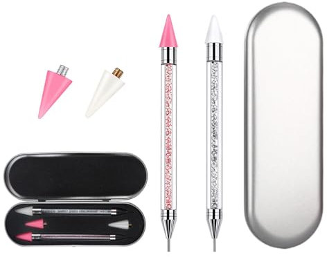 2 Pack Dual Ended Nail Rhinestones Picker Dotting Tools with 2 Extra Wax Head,DIY Nail Art Decoration Wax Tip Pencil for Nail Gems Stones Crystals Art Crafts,Ergonomic Nail Art Crafts