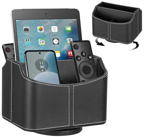 Dyserbuy 360 Degree Rotatable Remote Control Holder, TV Remote Holder with 5 Compartments, PU Leather Remote Storage, for TV/Media Controller, iPad, Phone, Pen (Black)