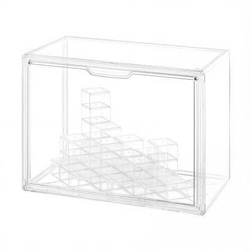 GUDEMAY Stapelbare Acryl Vitrine mit Podest, Staubdichte Display Case, Transparente Aufbewahrungsbox Schaukasten für Minifiguren, Actionfiguren, Lego, Popmart, Funko Pop & Blind Box Sammlerstücke