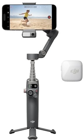 DJI Osmo Mobile 7P + Mic Mini TX (Bianco artico), Stabilizzatore per iPhone, Android, Tracciamento nativo, Ricezione audio, Illuminazione, Stabilizzatore 3 assi per smartphone, Manico telescopico