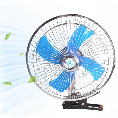Hirritale 12V Clip On Fan for Car RV Camping，10 Inch Quiet Oscillating Airflow with Durable Metal, Portable Desk Fan for Truck Tent Office (Blue)