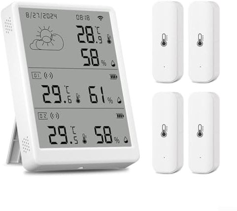 Cloudpower Wlan Hygrometer Thermometer Sensor für Tuya für SmartLife Luftfeuchtigkeits Temperatur-Feuchtigkeitssensor Wlan Thermometer mit app für Zuhause Gewächshaus(1*Basisstation+ 4*Sensor)
