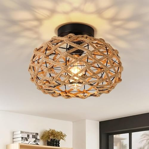 Boho Leuchten Deckenhalterung,11.8Retro Küsten Hand-gewebte Hanf Seil Käfig Rattan Wicker,Rustikale Semi Flush Mount Deckenleuchte,Böhmische Käfig Kronleuchter für Flur,Schlafzimmer,Eingangsbereich