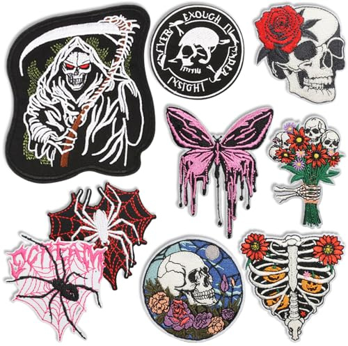 Huaxintoys 9 Stück Bügelflicken Set, Totenköpfe Patches Zum Aufnäher Totenkopf, Punk Aufbügel Patches Verschiedene, Schmetterling, Spinne für Kinder DIY T-Shirt Jeans Kleidung Taschen Flicken