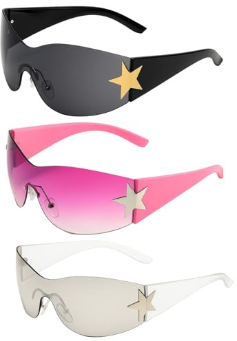 JazRvr Y2K Sonnenbrille 3er Set, Trendige Rave Brille mit Fünfstern-Design, Schwarze, Rosafarbene und Transparente Gläser für Straßenmode, Musikfestivals und Outdoor-Aktivitäten