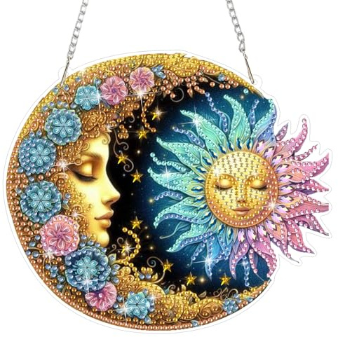 HEIBAGO Diamond Painting Fensterbilder Für Erwachsene, 5D Sonne und Mond Besonders Geformt Diamond Painting Anhänger mit Kette, DIY Cross Kristall Landscaft Hängend Diamond Art Bilder für Wanddekor