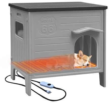 Beheizte Hundehütte für draußen, wetterfest, Kunststoff, für drinnen und draußen, wasserdicht, für mittelgroße und kleine Hunde (Grau)