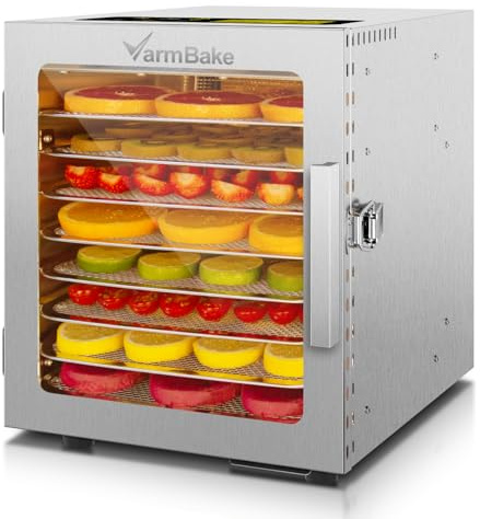 VarmBake Dörrautomat Edelstahl 8 Etagen, 30-90℃ Dörrgerät Für Lebensmittel, 0.5㎡ Dörrfläche, 500W Dörrautomat Klein, Dörrautomaten Für Obst, Fleisch, Gemüse & 316 Tabletts(25 * 25cm)