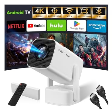Mini Projector 2025 Upgraded with 4K & 1080P, Portable Video Projector for Bedroom & Outdoor , Android 13 with WiFi 6 & Bluetooth 5.2, Built-in Netflix, Compatible with iPhone/TV Stick