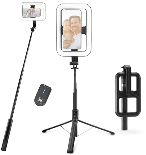 NEEWER BASICS 10W Selfie Light with Tripod Stand, 1200mAh LED Square Ring Lighting, 72 Selfie Stick Phone Holder Compatible with iPhone, CRI90 3 Modes Remote for Travel Vlog Video Recording, NL100B