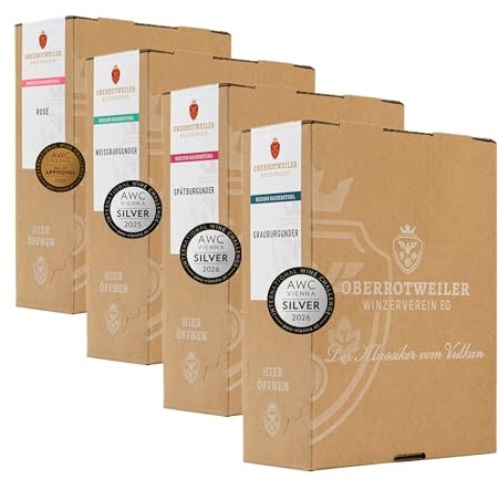 Oberrotweiler Wein-Paket - Grauburgunder, Weißburgunder, Rosé & Spätburgunder trocken - fruchtig, frisch & ausdrucksstark - ideal für Gartenparty, Alltag & Camping (4 x 3,0 l)