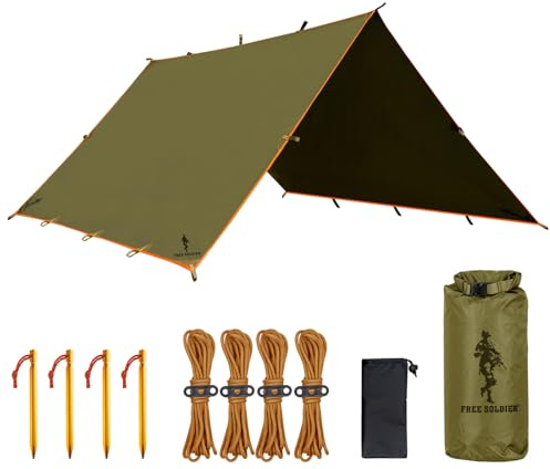 FREE SOLDIER Tarp Wasserdicht 3x3,2m Ultraleicht Zeltplanen UV Schutz Camping Sonnensegel Zelt Freien Multifunktionales Große für Camping,Wandern,Outdoor-Aktivitäten(Erdbraun),Extrabrei