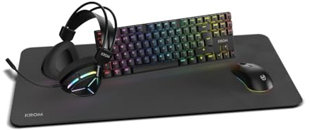 KROM Klass - Pack Gaming 4 en 1, Teclado mecánico TKL RGB, Ratón óptico 7200 dpi, Auriculares con Controladores de 50 mm, Alfombrilla XXL, Set Completo para PC y portátil Gamer. Color Negro