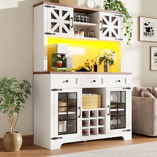 Merax Küchenschrank mit LED & Steckdose, Landhausstil Sideboard Buffetschrank mit Arbeitsplatte & Design-Glastür, Küchenbuffet mit 3 Schubladen, Weinschrank, Hochschrank für Küche Esszimmer, Weiß