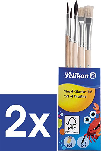 Pelikan 718163 Pinsel Starter-Set in Klarsichttasche mit je 1 Haarpinsel Gr.2, 4, 6 und je 1 Borstenpinsel Gr. 6, 10 (2er Pack)