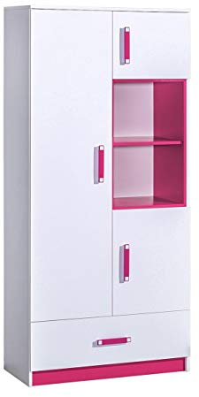 Furniture24 Schrank TRAFIKO 03, Hochschrank mit 3 Türen und Schublade für Jugendzimmer, Kinderzimmer (Weiß/Rosa)