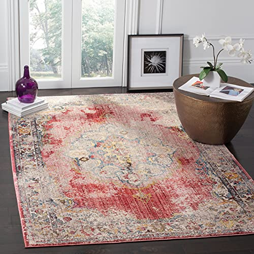 SAFAVIEH Traditionell Teppich für Wohnzimmer, Esszimmer, Schlafzimmer - Bristol Collection, Kurzer Flor, Fuchsia und Hellgrau, 122 X 183 cm