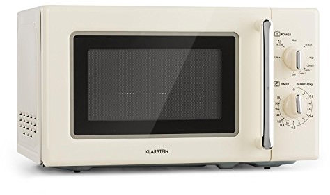 Klarstein Caroline Microondas - Microondas combi 2 en 1 con función grill, 20 litros, 700/1000 W de potencia, Ø 25,5cm, Diseño retro, Acero inoxidable, Beige