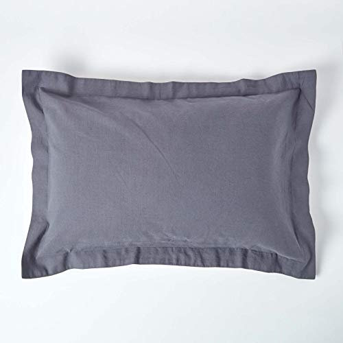 HOMESCAPES Luxury Soft Linen Oxford Pillowcase Plain Dark Grey Textured Natural French Flax Fibre Linen & Pure 100% Cotton Blend Charcoal Standard Oxford Style Pillowcase