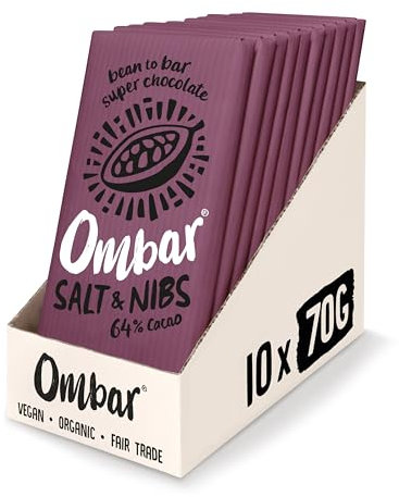 Vegan Chocolate - Ombar Salt & Nibs 64% Chocolate (70g x 10 Bars) Organic Fair Trade, Dairy and Gluten Free Chocolate