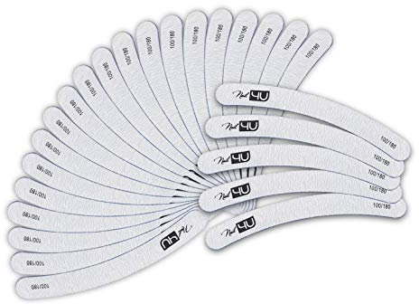 Nail Files Curved Banana Professional Emery Boards for Acrylic Gel Tips Natural Nails by Nail4U Double sided 100/180 grit Manicure Pedicure Tools for Home and Salon use Pack of 25 pcs