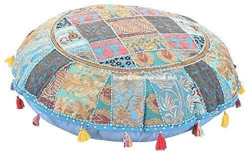 Meditationskissen, ethnisch, rund, Vintage-Patchwork-Bodenkissen, beige, 55 x 55 cm, große dekorative Dekoration, Sitzkissen, Sitzhocker, Baumwolle, bestickt (türkis)