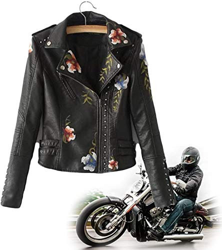 KFGJ Kunstlederjacke Damen Blumen Bestickt Jacke mit Reißverschluss，Women's Floral Embroidered Faux Leather Moto Jacket，Motorradjacke Bikerjacke Übergangsjacke Oberbekleidung
