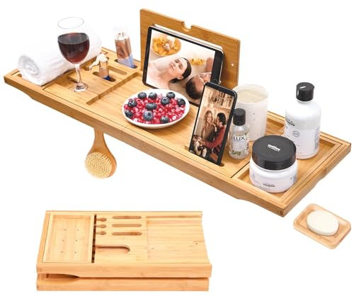 Bath Tray, Ohuhu Expandable Bath Table, Bath Trays for across The Bath, Bath Caddy, Bathtub Tray with Soap Dish, Book and Wine Holder, Bath Rack for Relaxing, Great Gift for Valentine's Day Birthday