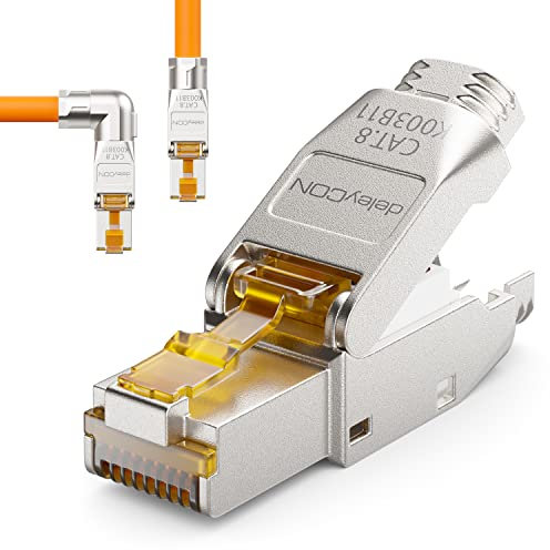 deleyCON 1x CAT 8 Netzwerkstecker 90° Winkel Stecker RJ45 Werkzeuglos Geschirmt 40 Gbit/s Netzwerk Stecker für Starre Verlegekabel Rohkabel Steckverbinder RJ45 Ethernet LAN DSL Patchkabel
