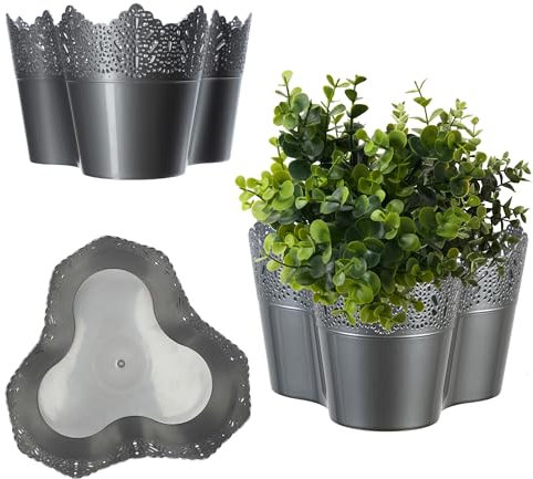 KADAX Spitzen-Blumentopf aus Kunststoff, 11 Farben, Blumentopf mit Spitzenmotiv, Blumentopfschutz für Büro, Topf, Gartenschale, Blumenkübel, Übertopf (Dreifach, Silber)
