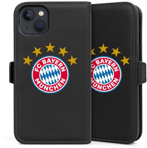 Klapphülle kompatibel mit Apple iPhone 13 Handyhülle aus Kunst Leder schwarz Flip Case FC Bayern München FCB Sterne
