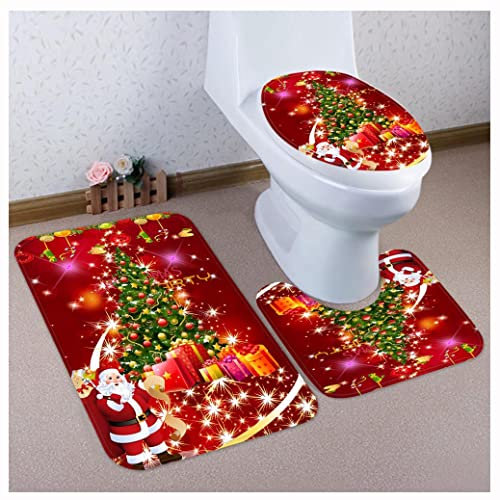 OttoBen Weihnachts Badematten Set 3 Teilig 3D Drucken Badezimmer Fußmatte Garnitur rutschfeste Badteppich Stand WC Badvorleger Toilet Mat Teppich 5# 40 * 60cm+40 * 50cm+38 * 43cm