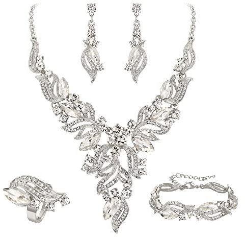 EVER FAITH Parure Bijoux Femme Mariage Mariée Cristal Marquise Feuille Collier Boucles d'oreilles Bracelet et Bague Clair Argent