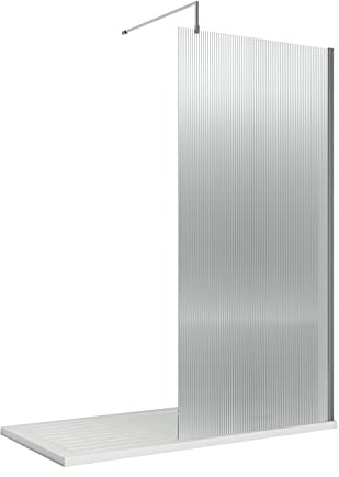 nuie WRFL18580 Fluted Modern Bathroom 8mm Toughened Safety Glass Wetroom Screen with Bar, 800mm, Polished Chrome