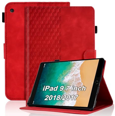 Vkooer Coque pour iPad 9.7 Pouce 2018/2017 (iPad 6ème/5ème Génération) Housse iPad Air 2, iPad Air Cuir PU Etui de Protection Flip Cover Case Treillis avec Multi-Angle Support et Poche, Rouge