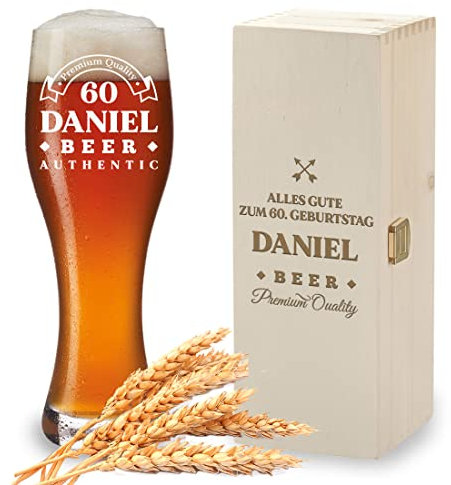Bicchiere da birra di grano + scatola di legno con incisione – Buon compleanno – Personalizzato – 1 scatola in legno – 1 bicchiere da birra bianco 0,5 l – per bevitori di birra – Papa, nonno, uomo –