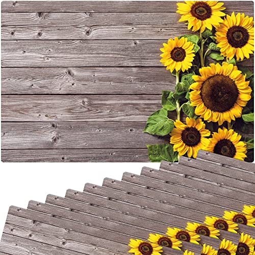 Tischsets 12er als abwaschbare Sommer Tischdeko - Platzsets Sonnenblumen Blumen Holzoptik als Tischuntersetzer - Platzdeckchen als Tischunterlage für Esstisch Wohnzimmer Tisch