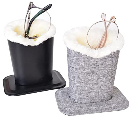 Baitaihem Pack of 2 Plush Lined Eyeglasses Holder Stand Protective Glasses Case For Desks Or Nightstands, Canvas(gray)+leather(black), 4.6''x 3.5''x 4.8'', (MH04HBW)