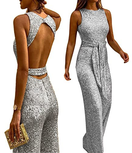 Jumpsuit Damen Elegante Festlich Hochzeit Jumpsuit Damen Pailletten Jumpsuit Frauen Rückenfreies Y2k Hose Overall Sommer Ärmellos Einteiler Lang Overall Hosenanzug Hohe Taille Romper mit Gürtel