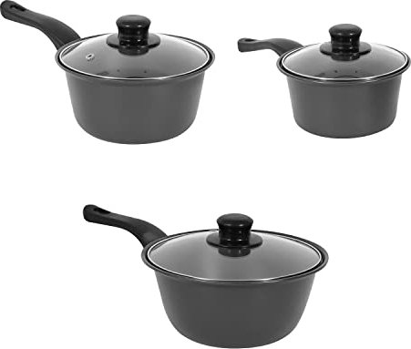Set of 3 Non-Stick Saucepans Graphite Saute Pans with Glass Lids All Hob Types Premium Kitchen Accessories Student Set