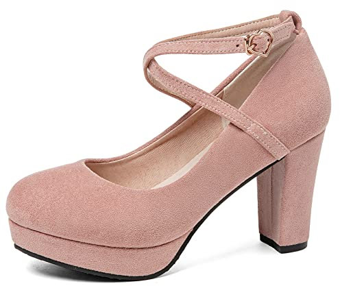 Donna Scarpe Mary Jane Tacco Largo Punta Rotonda Pompe Semplici Fibbia Décolleté con Tacco Alto con Plateau Criss Cross Strap, 18824Xsj Rosa Numero 32 EU
