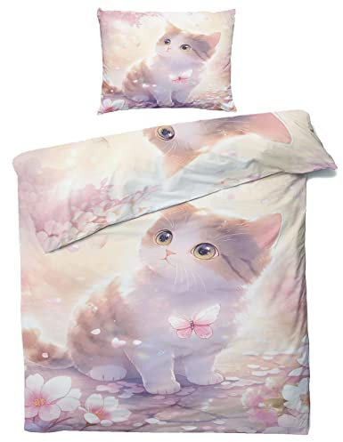ZDABAOEC Schmetterling Katze Bettwäsche 135x200 Kinder Mädchen, Weiche Microfaser Kinderbettwäsche 2er Set - 1 Bettbezug + 1 Kissenbezug 80x80, mit Reißverschluss, Wende Motiv